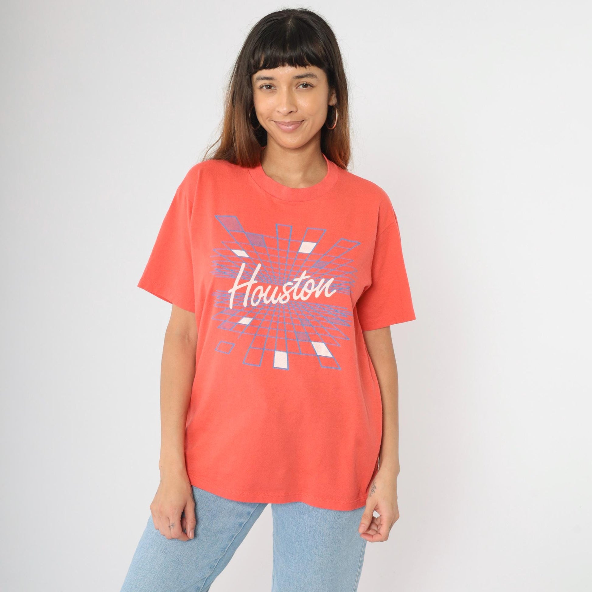 80s Houston Graphic T-Shirt Orange Spellout Velva Sheen Medium