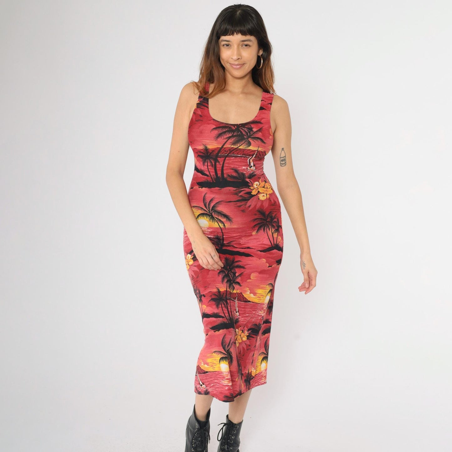 90s Hawaiian Tropical Midi Bodycon Dress Red Palm Tree Print Small S