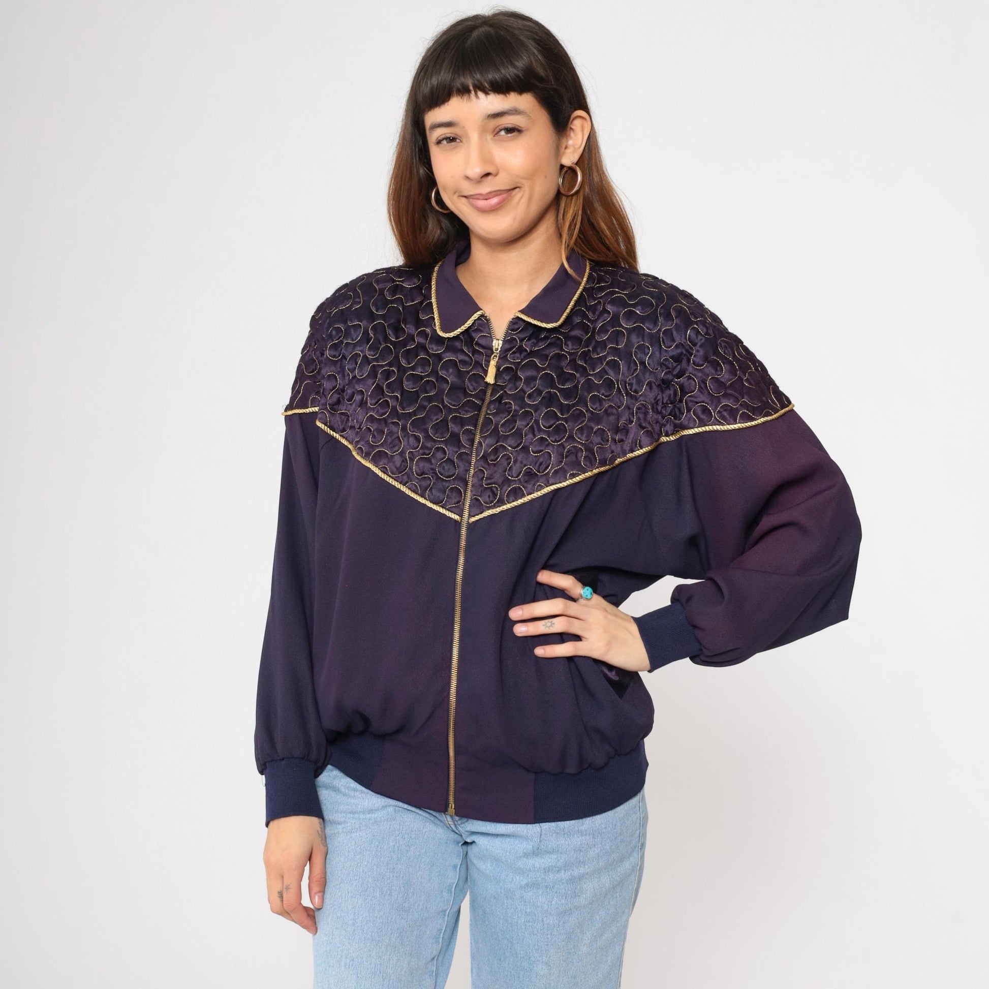 90s Purple Quilted Windbreaker Jacket Gold Trim Western Yoke Bomber Large L