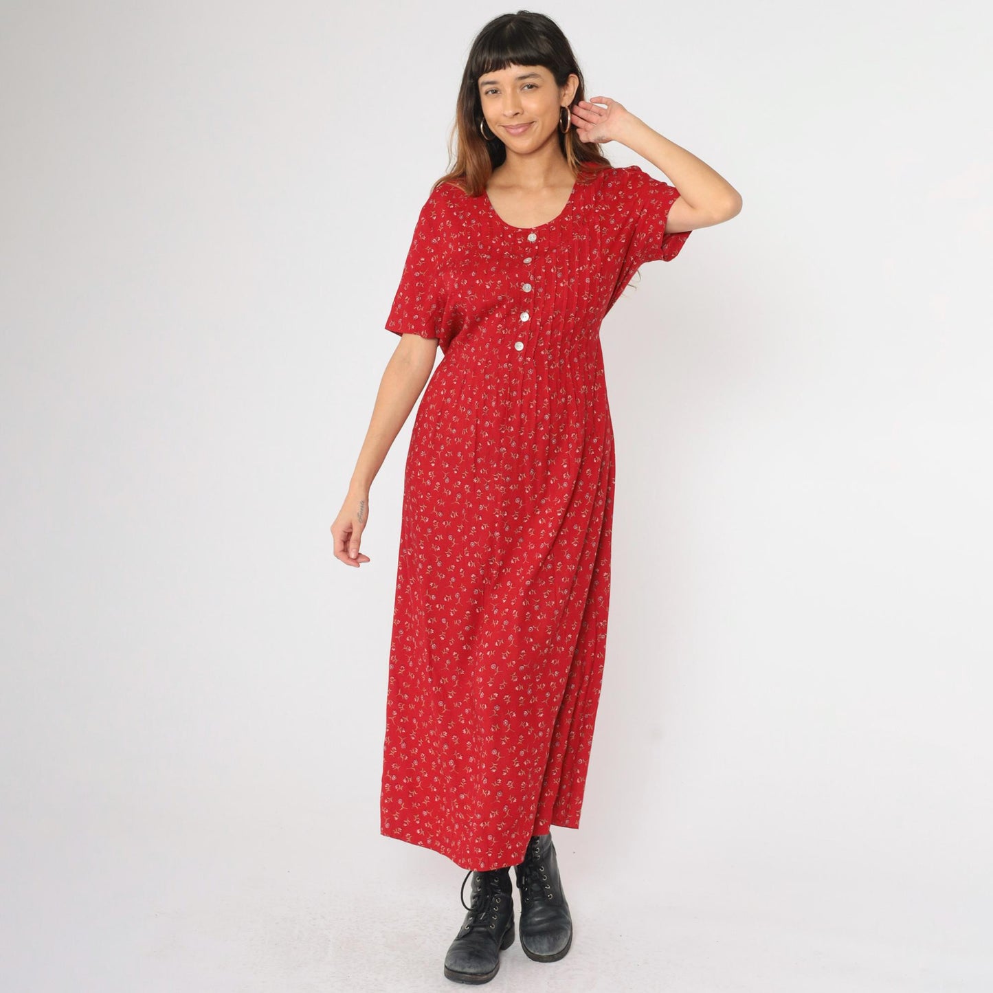 90s Betsy Lauren Red Floral Maxi Dress Scoop Neck Short Sleeve Medium