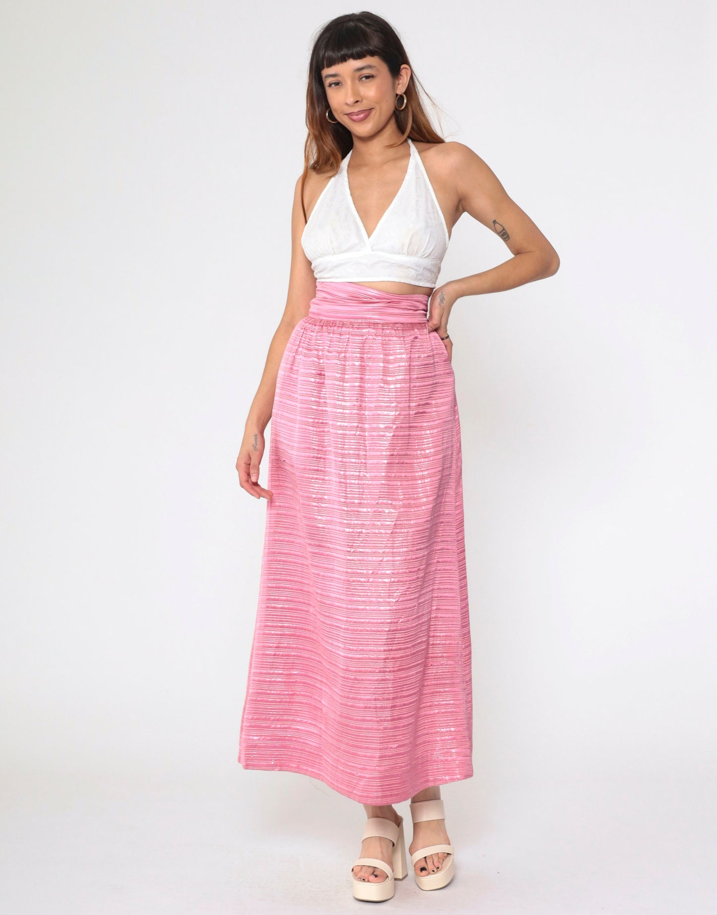 60s Pink Metallic Maxi Skirt High Waisted Formal Evening Wear Extra Small