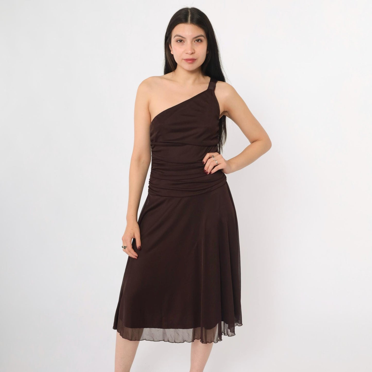 Y2K Brown Mesh One-Shoulder Midi Dress Ruched Asymmetrical Small S