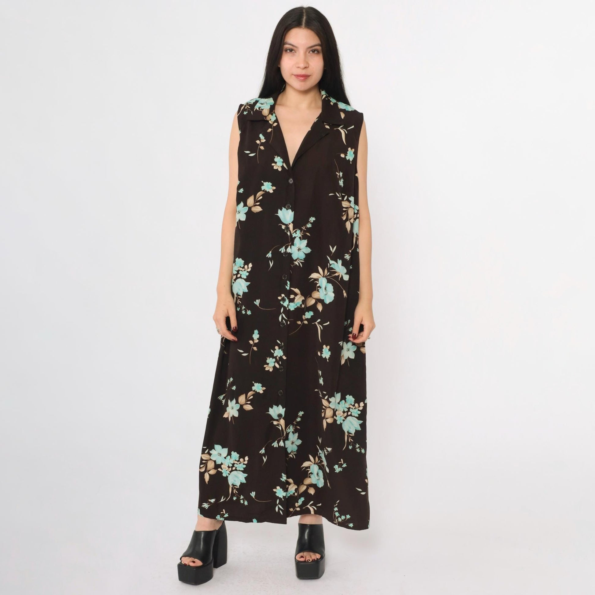 90s Studio I Brown Floral Maxi Dress Plus Size 18W Sleeveless Collared V-Neck