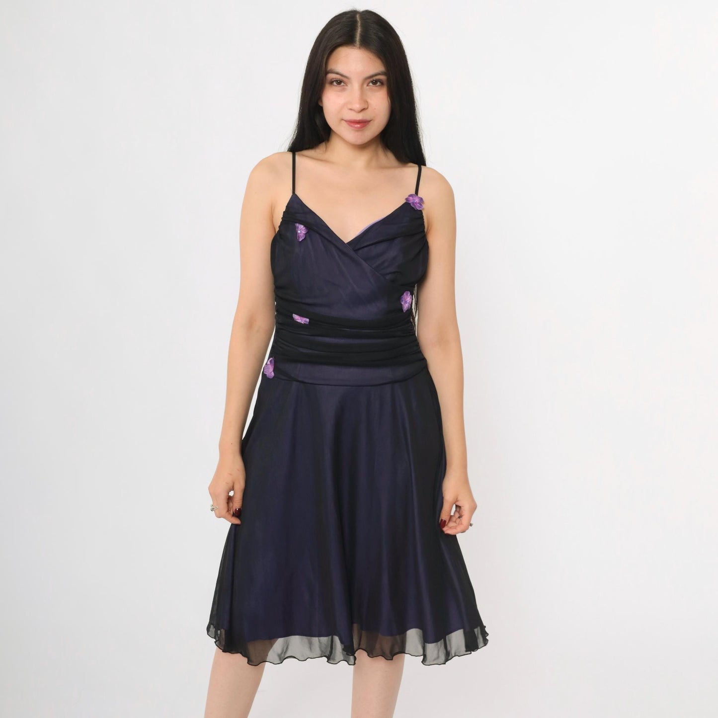 Y2K Purple Mesh Midi Dress Black Floral Applique Spaghetti Strap V Neck Medium