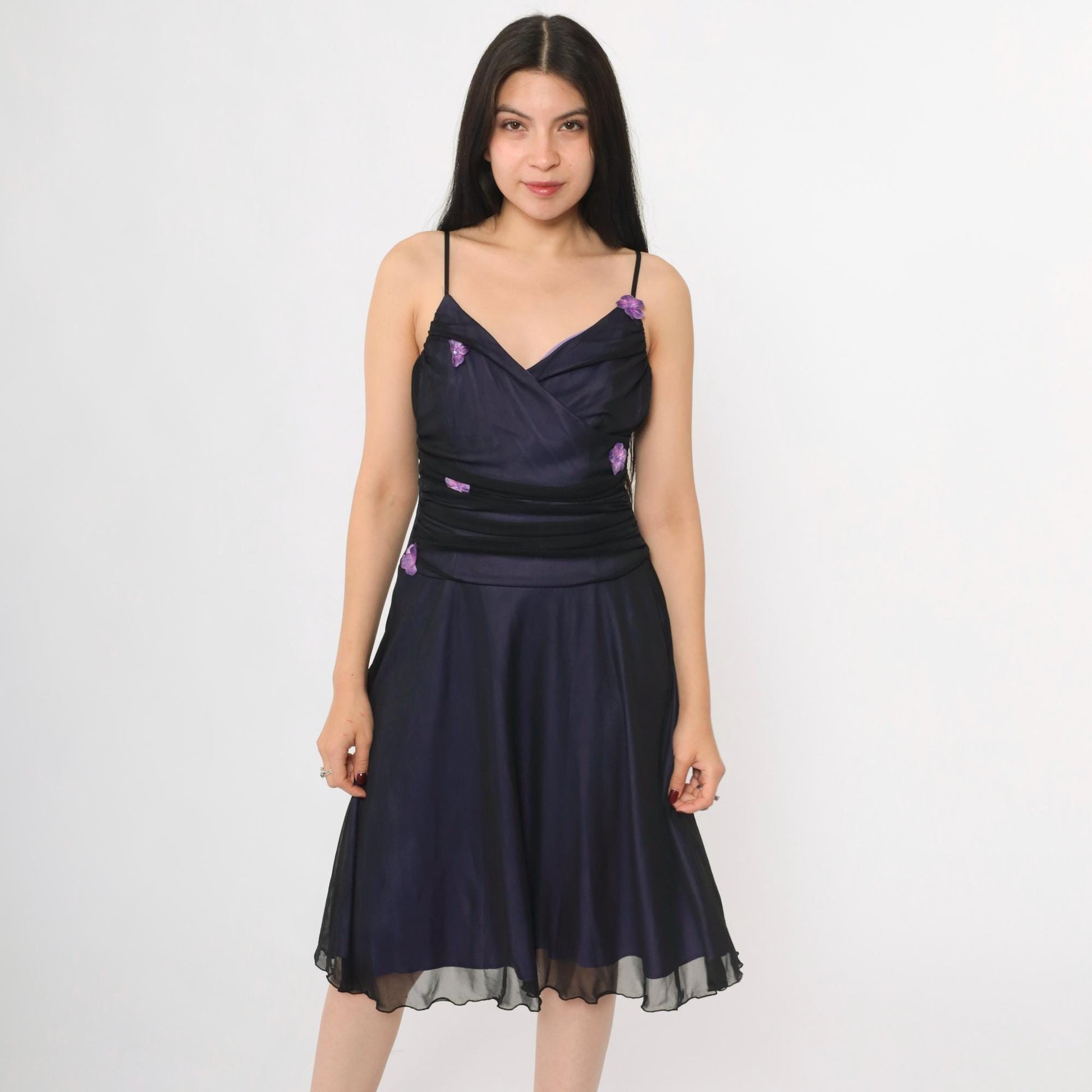 Y2K Purple Mesh Midi Dress Black Floral Applique Spaghetti Strap V Neck Medium