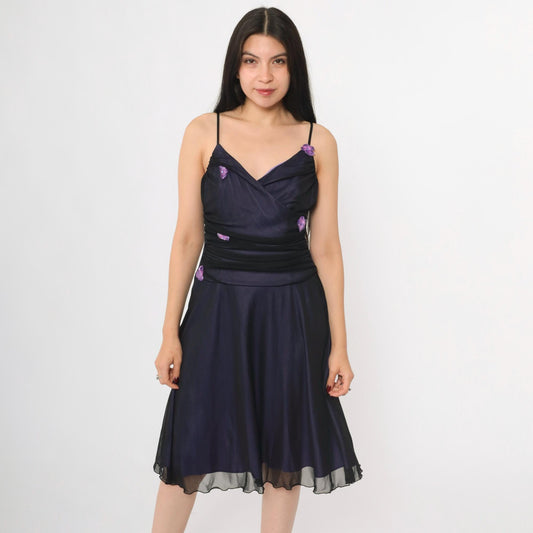Y2K Purple Mesh Midi Dress Black Floral Applique Spaghetti Strap V Neck Medium