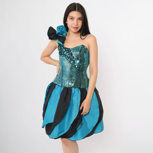 80s J Reynolds Designs Turquoise Sequin Strapless Dress Balloon Skirt Small