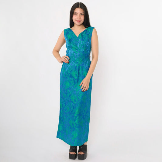 1960s Blue Green Floral Jacquard Maxi Dress V Neck Sleeveless Evening Gown Small