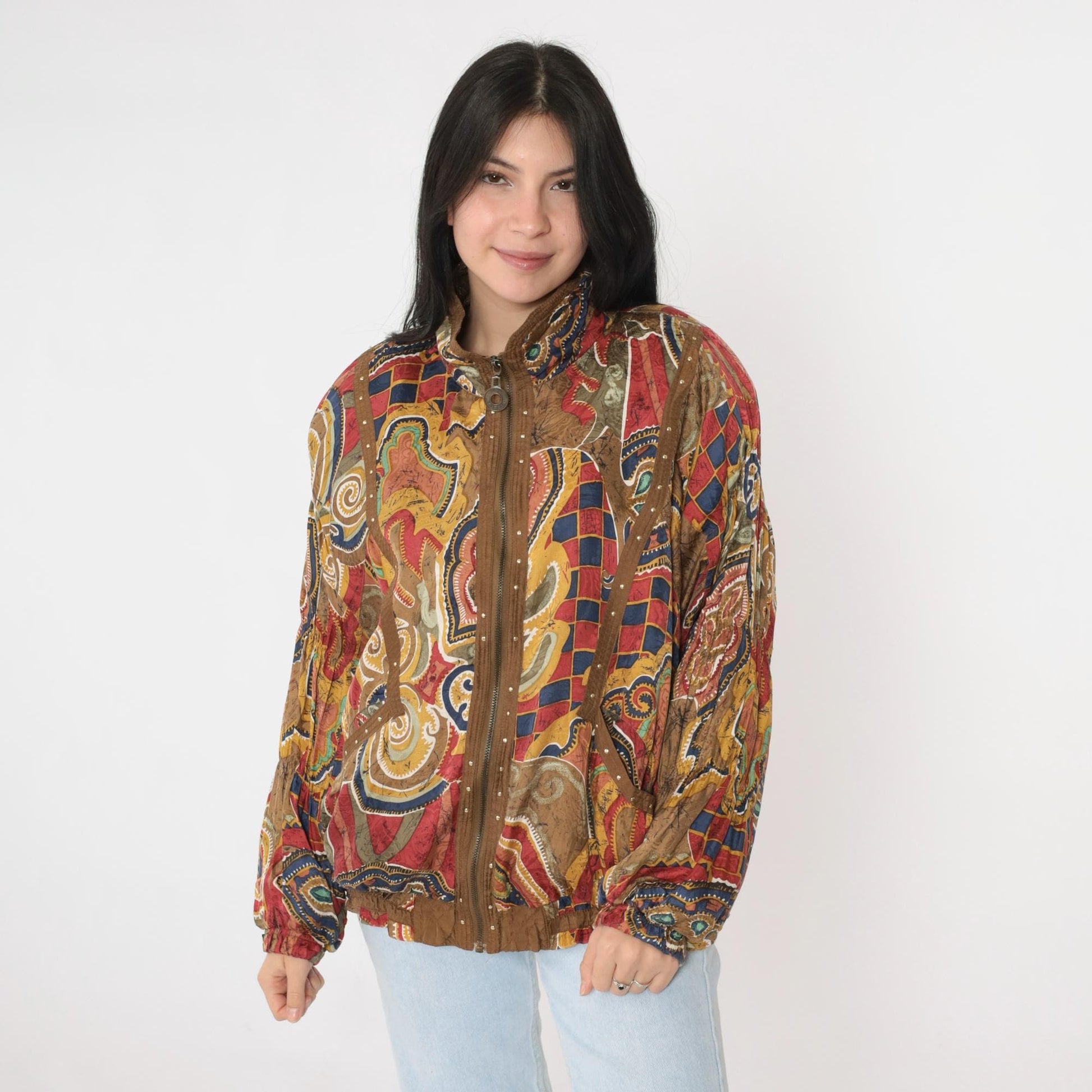90s Mureli Silk Windbreaker Jacket Abstract Leaf Print Brown Studded Medium M