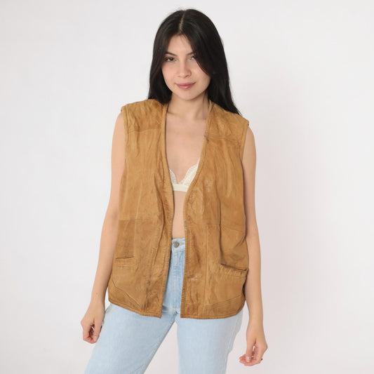 80s Petronio Tan Leather Vest Open Front Utility Large
