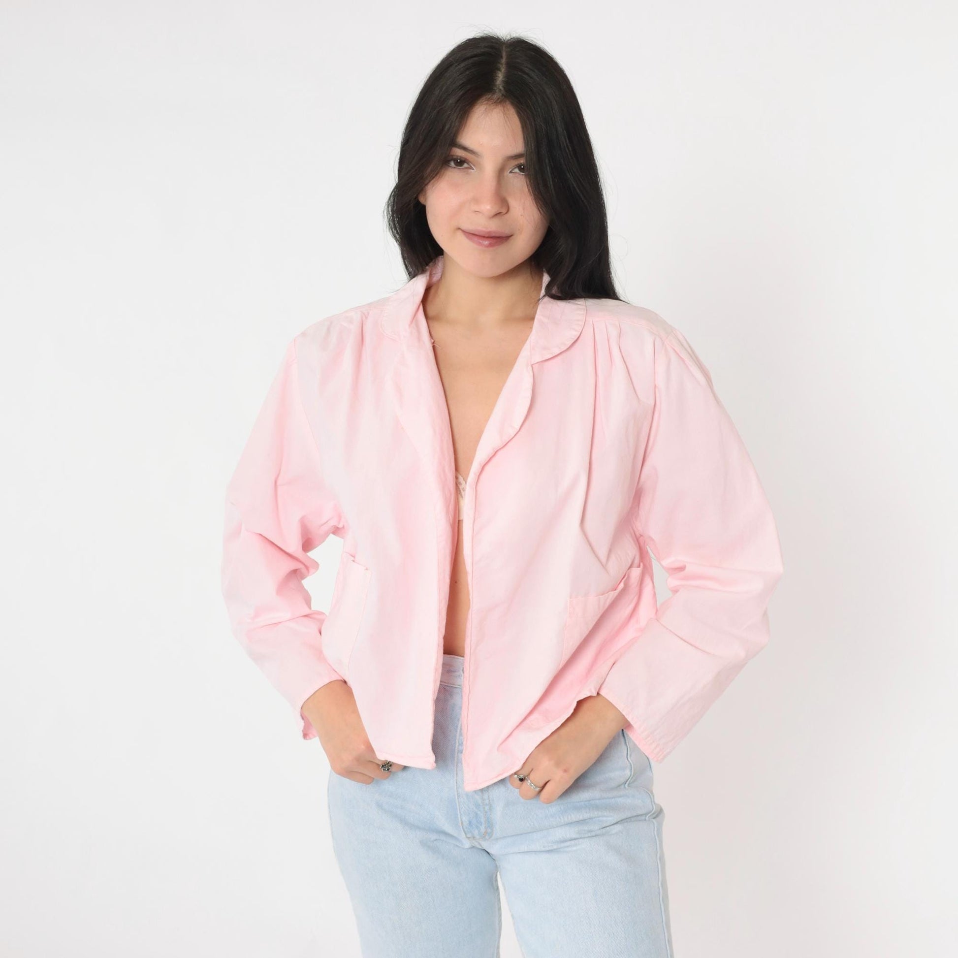 80s Liberated Lady Baby Pink Cotton Open Front Blazer Medium