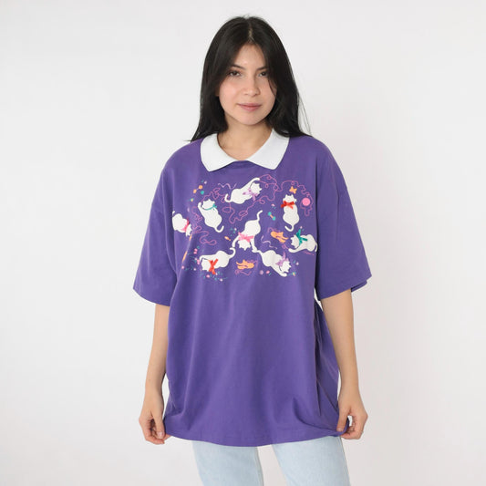 90s Purple Cat Graphic T-Shirt Bow Appliqué Collared Tee Extra Large