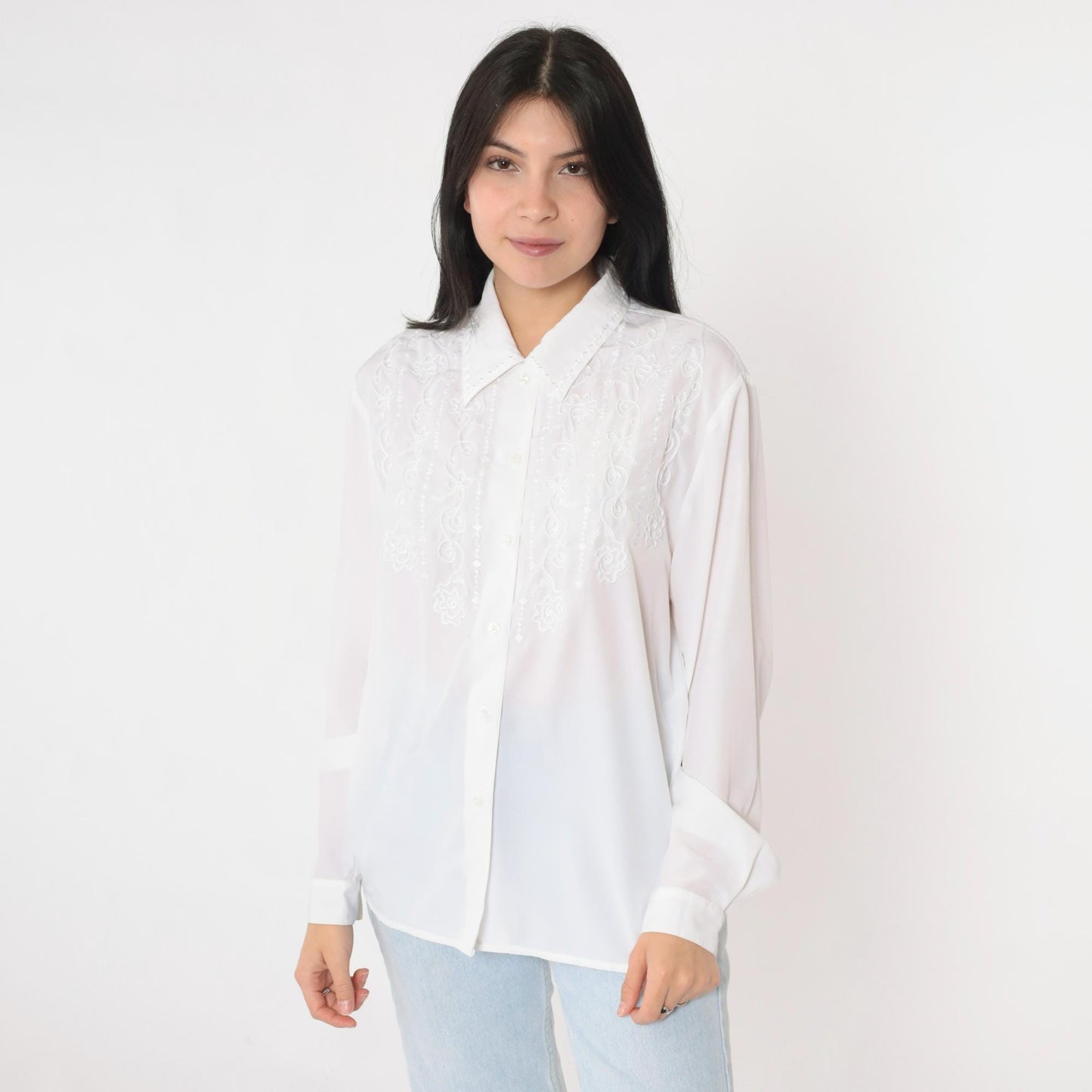 90s White Soutache Embroidered Blouse Floral Button-Up Long Sleeve Medium