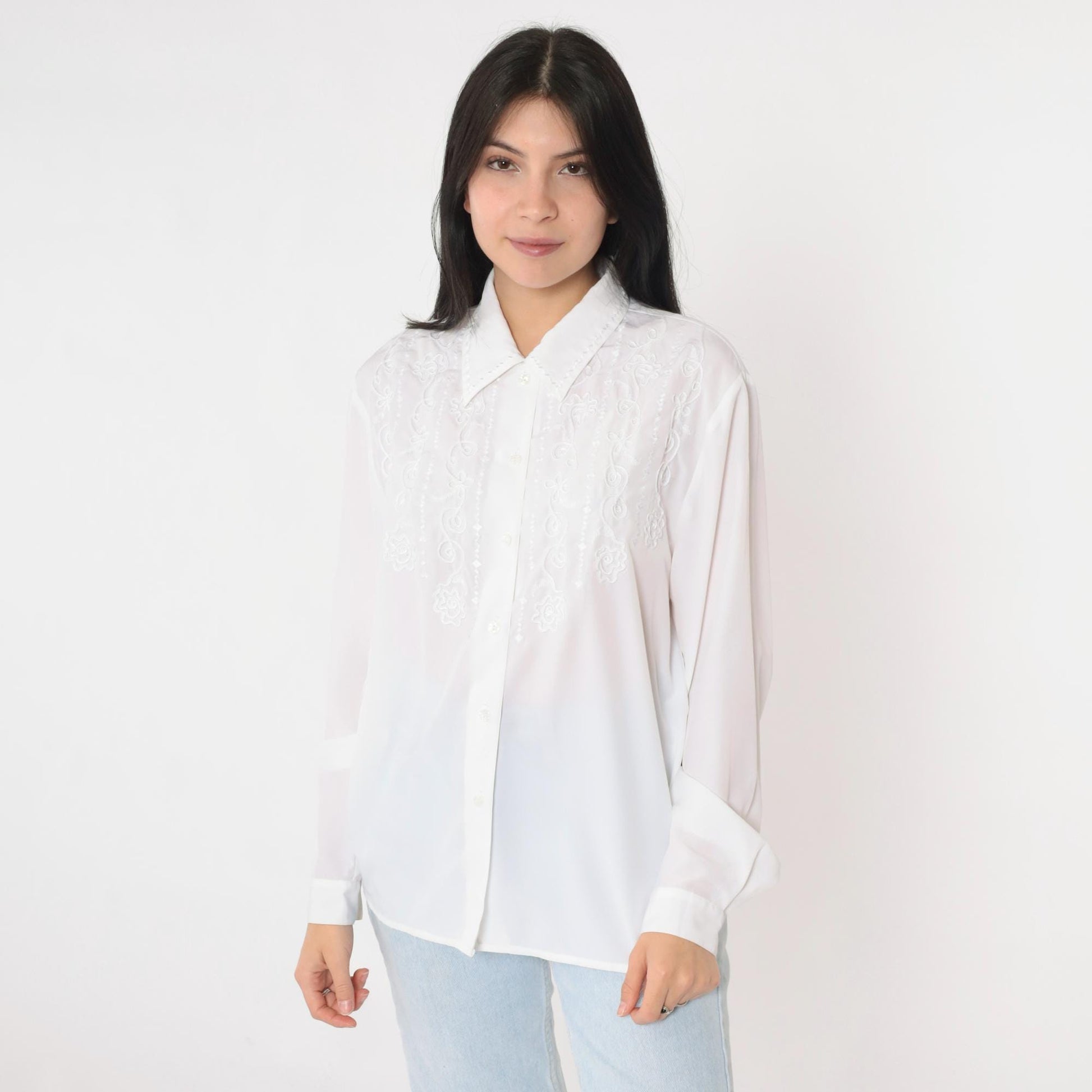 90s White Soutache Embroidered Blouse Floral Button-Up Long Sleeve Medium