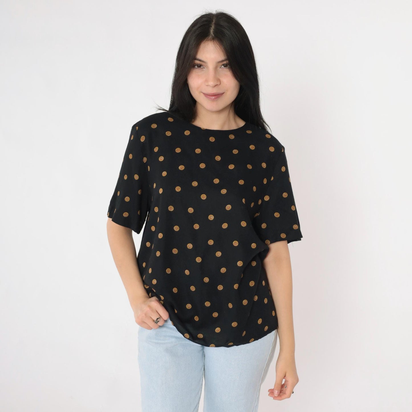 80s Norton McNaughton Black Coin Print Blouse Keyhole Back Medium