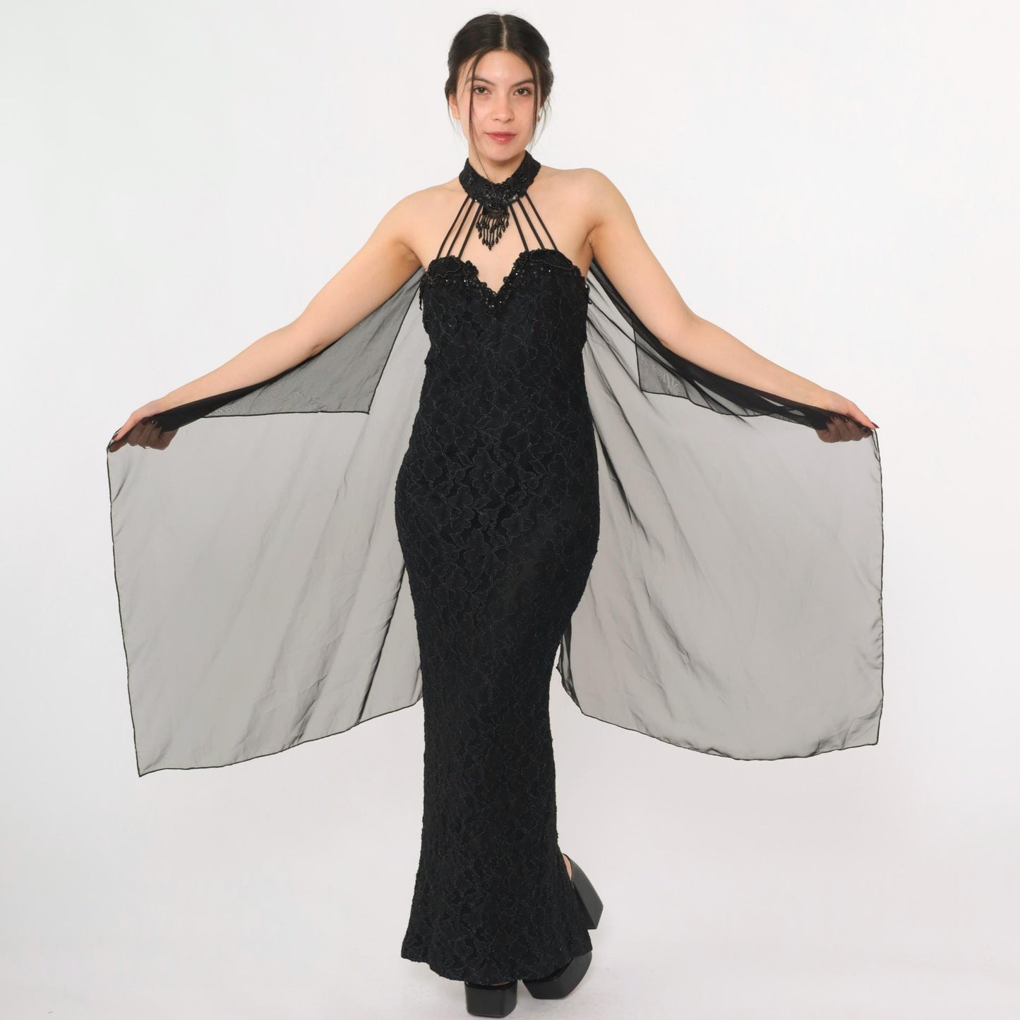 90s Black Lace Halter Maxi Gown Beaded Choker Neck Bodycon Train Medium
