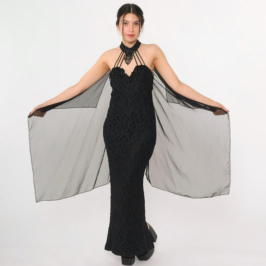 90s Black Lace Halter Maxi Gown Beaded Choker Neck Bodycon Train Medium