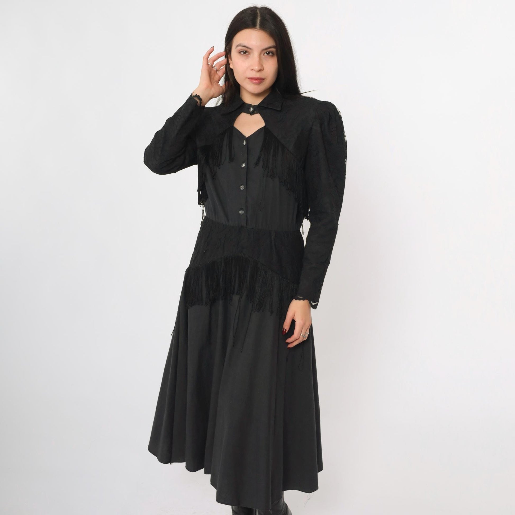 80s Lilia Smitty Western Midi Dress Black Fringe Cotton Puff Sleeve Small