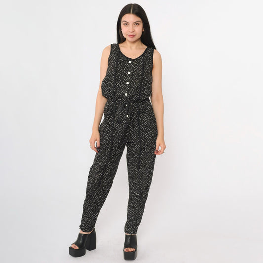 80s La Blanca Black Jumpsuit Confetti Dot Print Sleeveless Button Front Small
