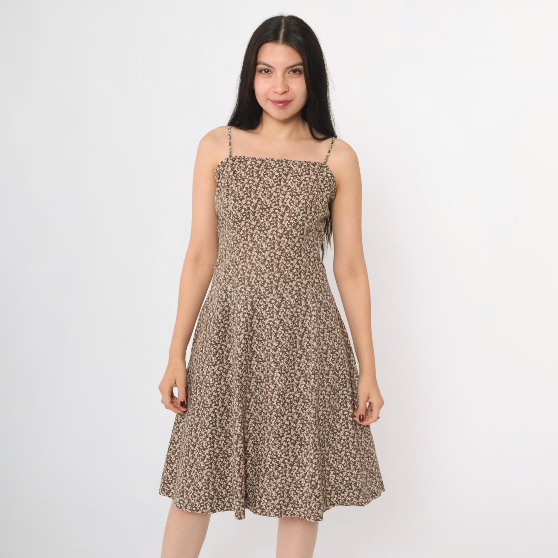 90s Brown Calico Floral A-Line Spaghetti Strap Dress Knee Length Medium