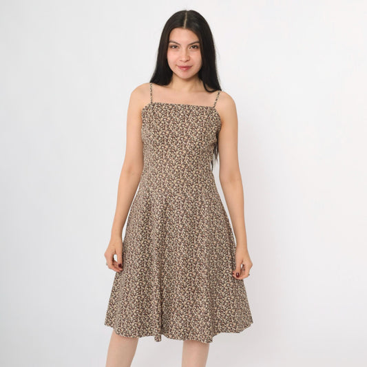 90s Brown Calico Floral A-Line Spaghetti Strap Dress Knee Length Medium