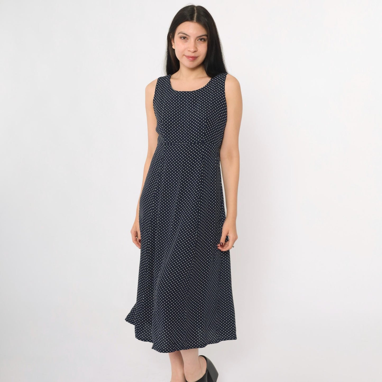 90s Navy Polka Dot Midi Dress Sleeveless High Waist Button Back Small