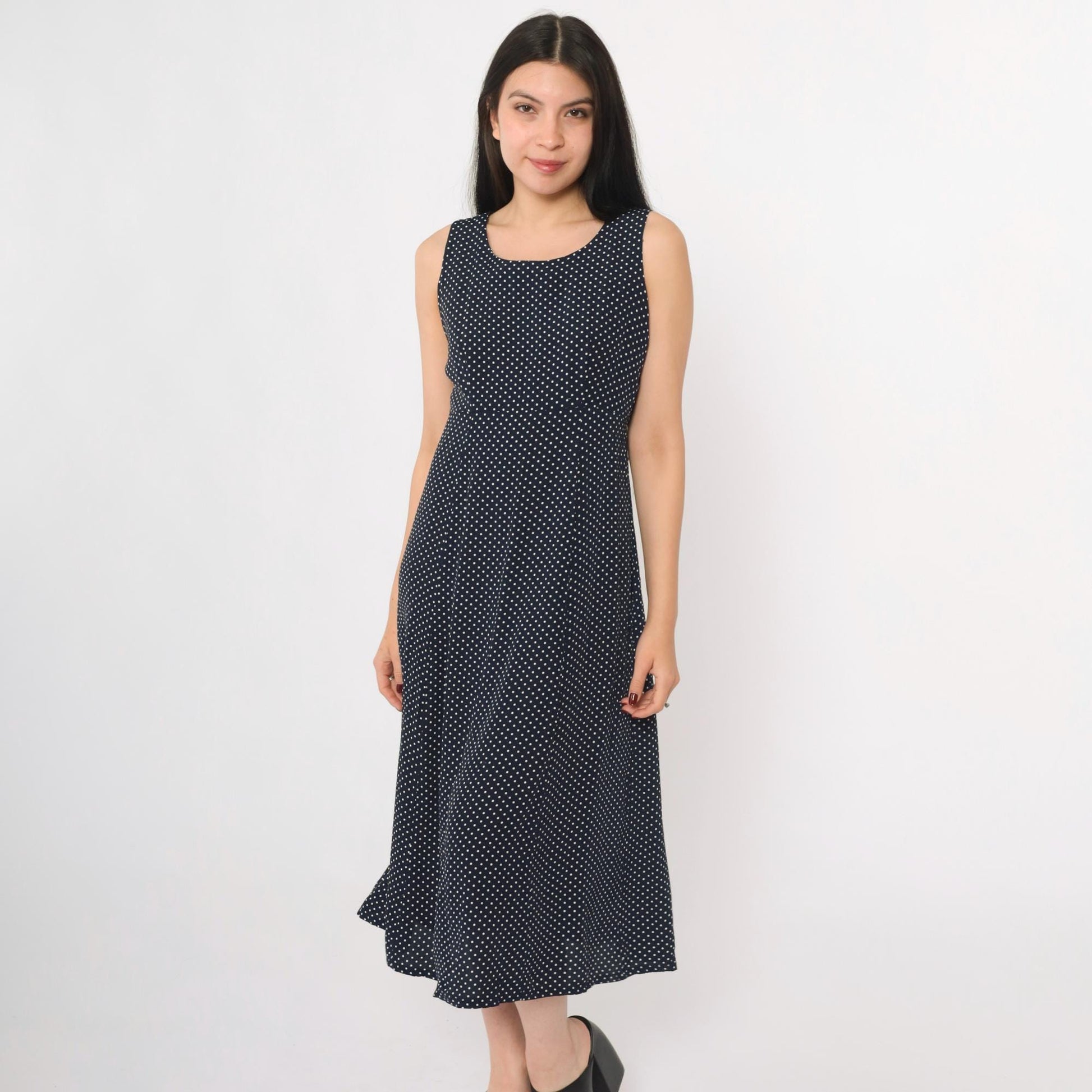 90s Navy Polka Dot Midi Dress Sleeveless High Waist Button Back Small
