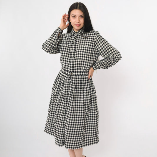 80s Charter Club Gingham Shirt Dress Black White Midi Cotton Small
