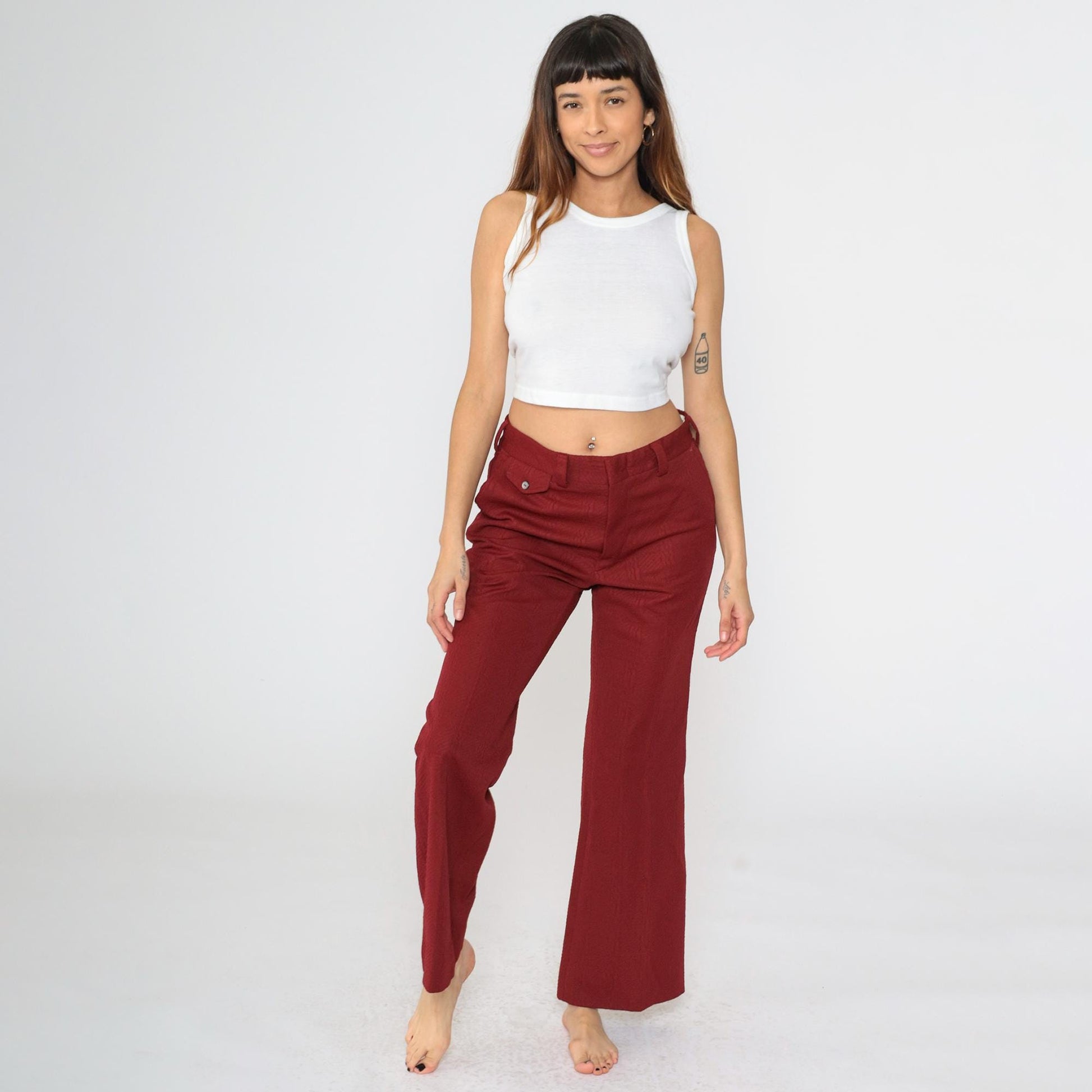 70s Burgundy Flared Trousers High Waist Textured Polyester Medium