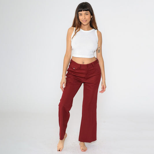 70s Burgundy Flared Trousers High Waist Textured Polyester Medium