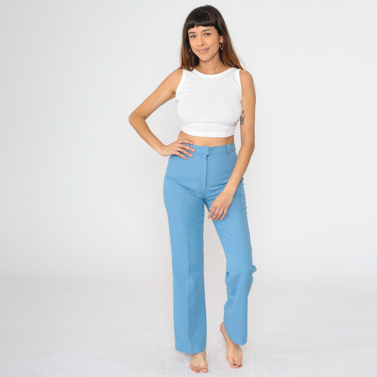 70s Western Straight Leg Trousers Blue High Rise Creased Small