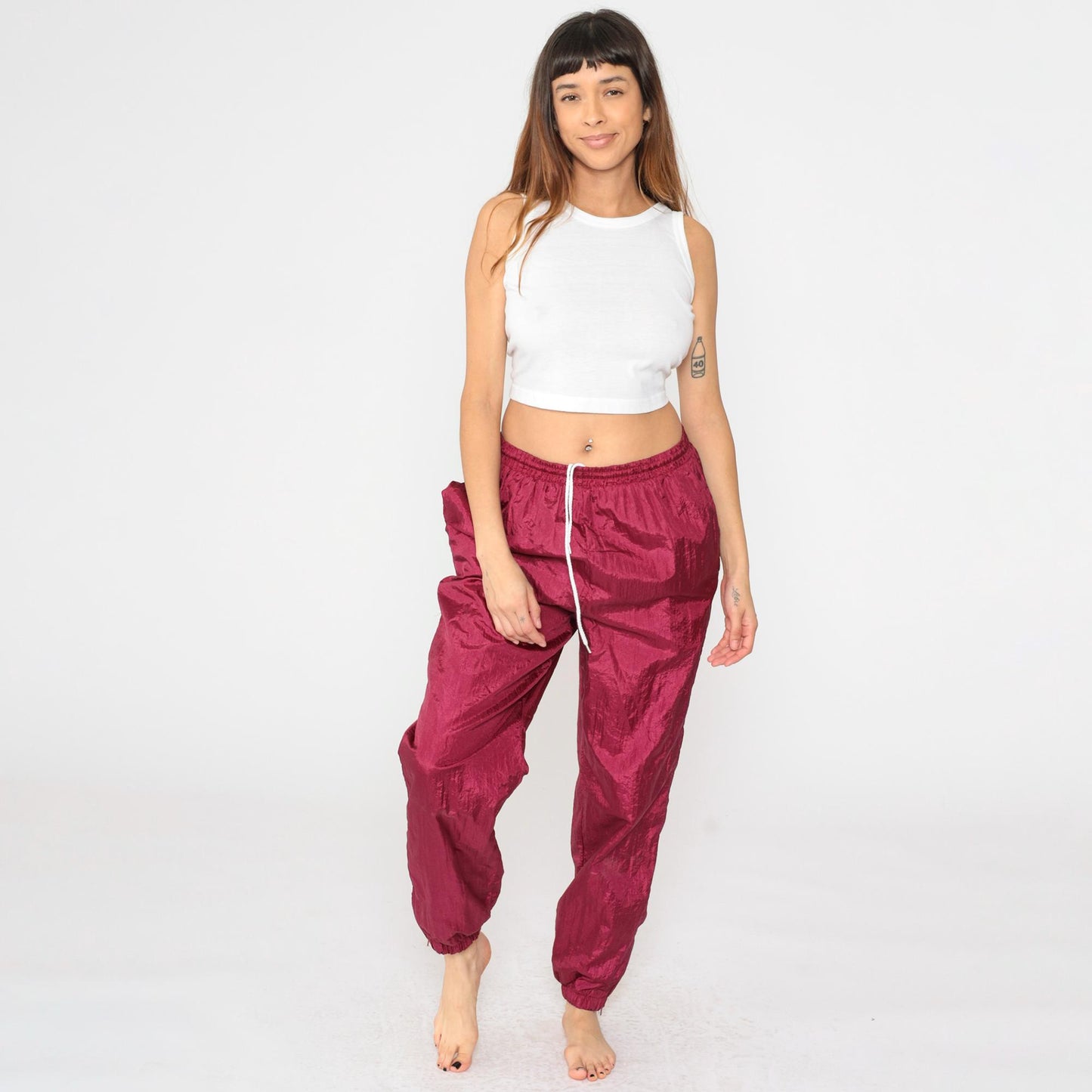 90s Burgundy Nylon Track Pants Drawstring Waist Small