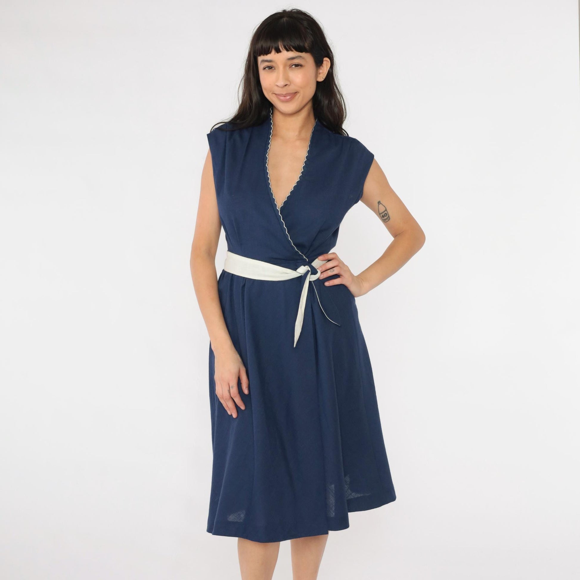 70s Jody of California Navy Wrap Dress Scalloped Neckline Midi Small