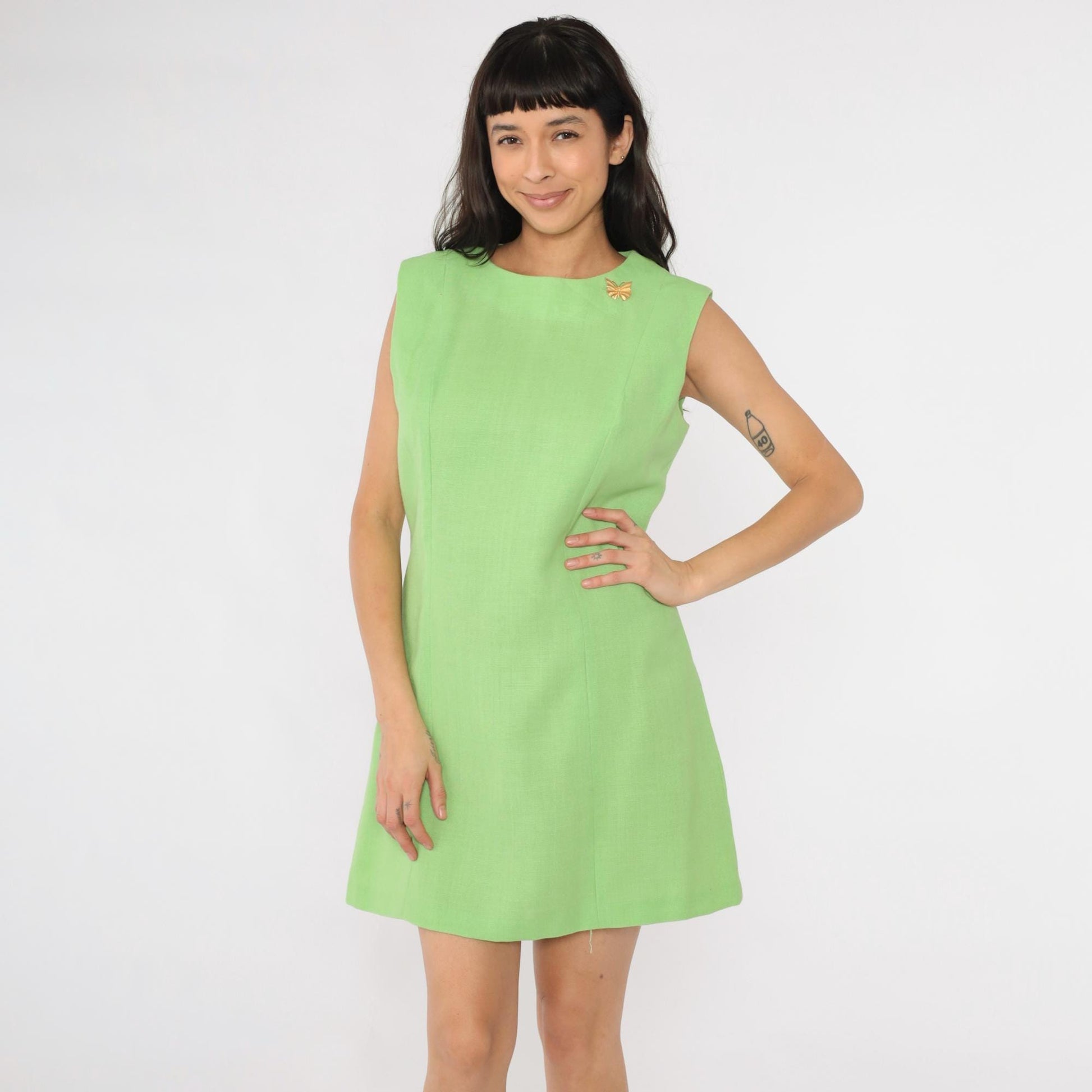 60s Lime Green Shift Dress Sleeveless Mini Princess Seam Medium M