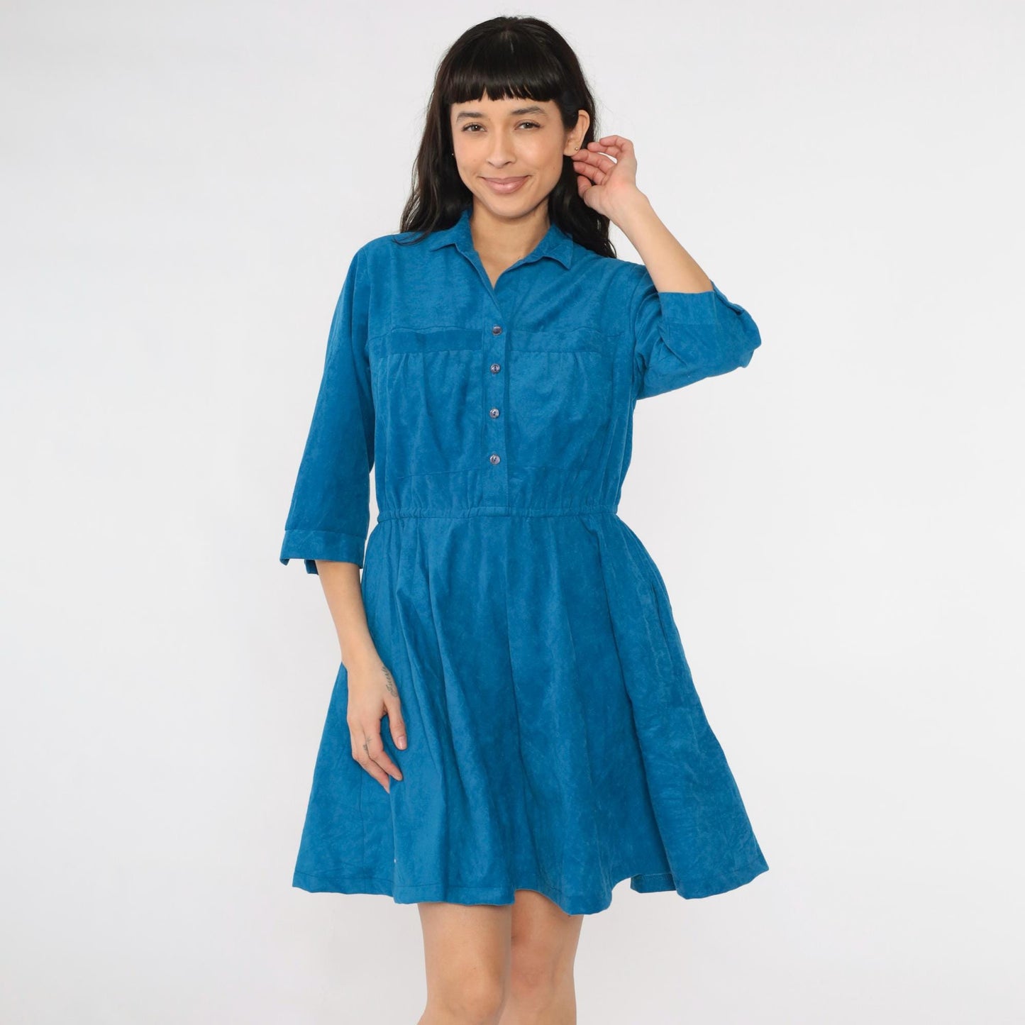 80s Blue Velour Mini Shirtdress High Waist Button Up A-Line Medium