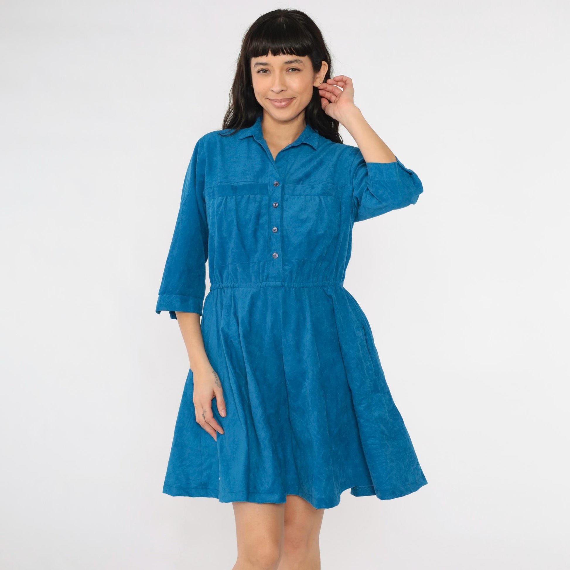 80s Blue Velour Mini Shirtdress High Waist Button Up A-Line Medium