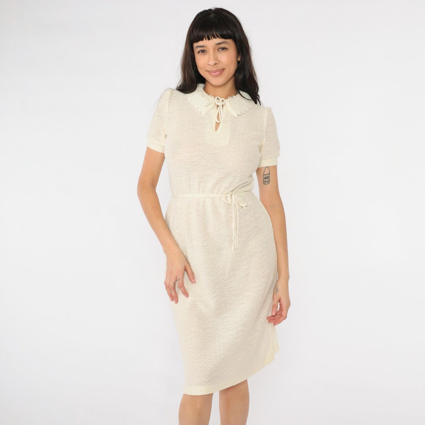 70s Sears Cream Knit Midi Dress Puff Sleeve Keyhole Neck Extra Small