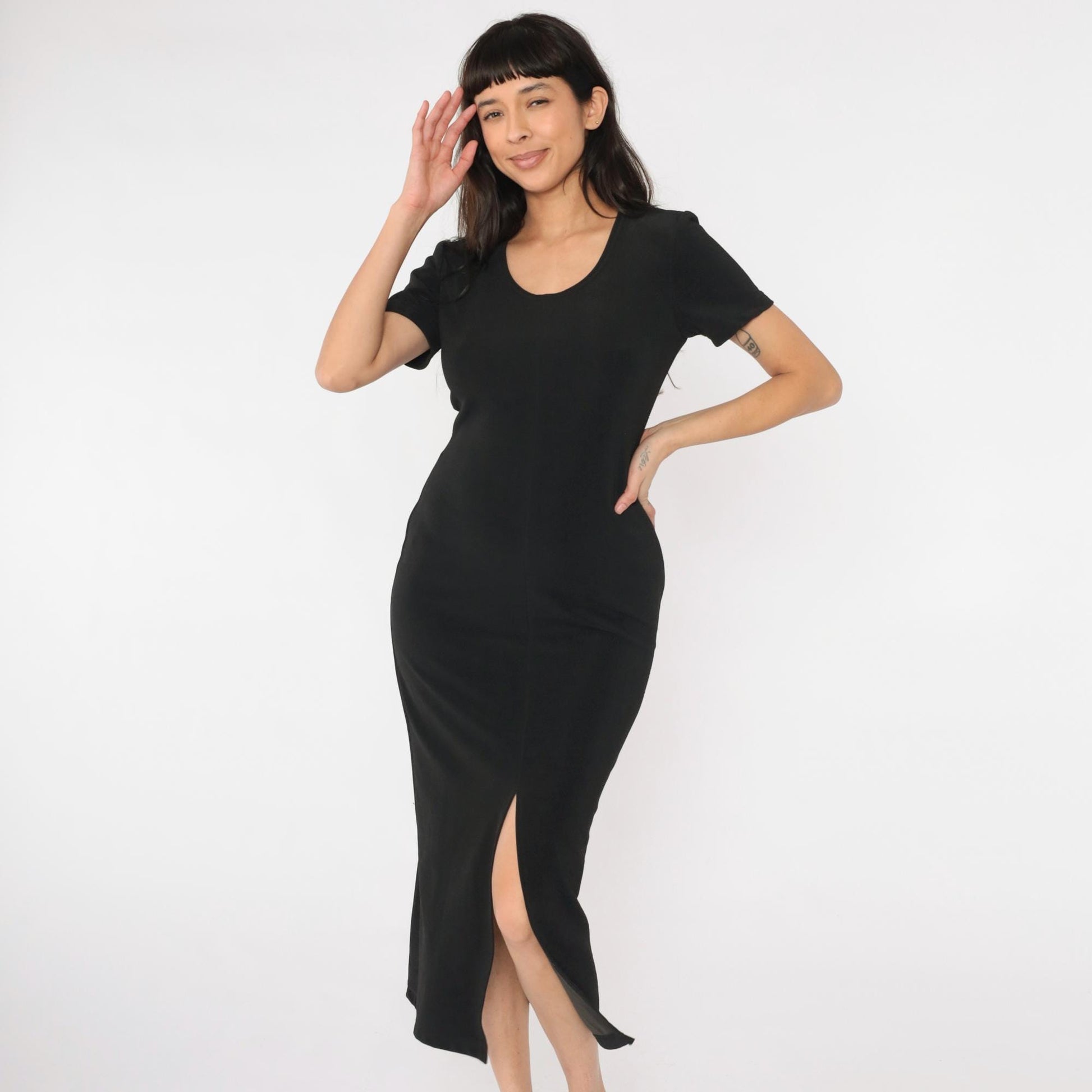 90s Black Bodycon Midi Dress Front Slit Scoop Neck Short Sleeve Medium