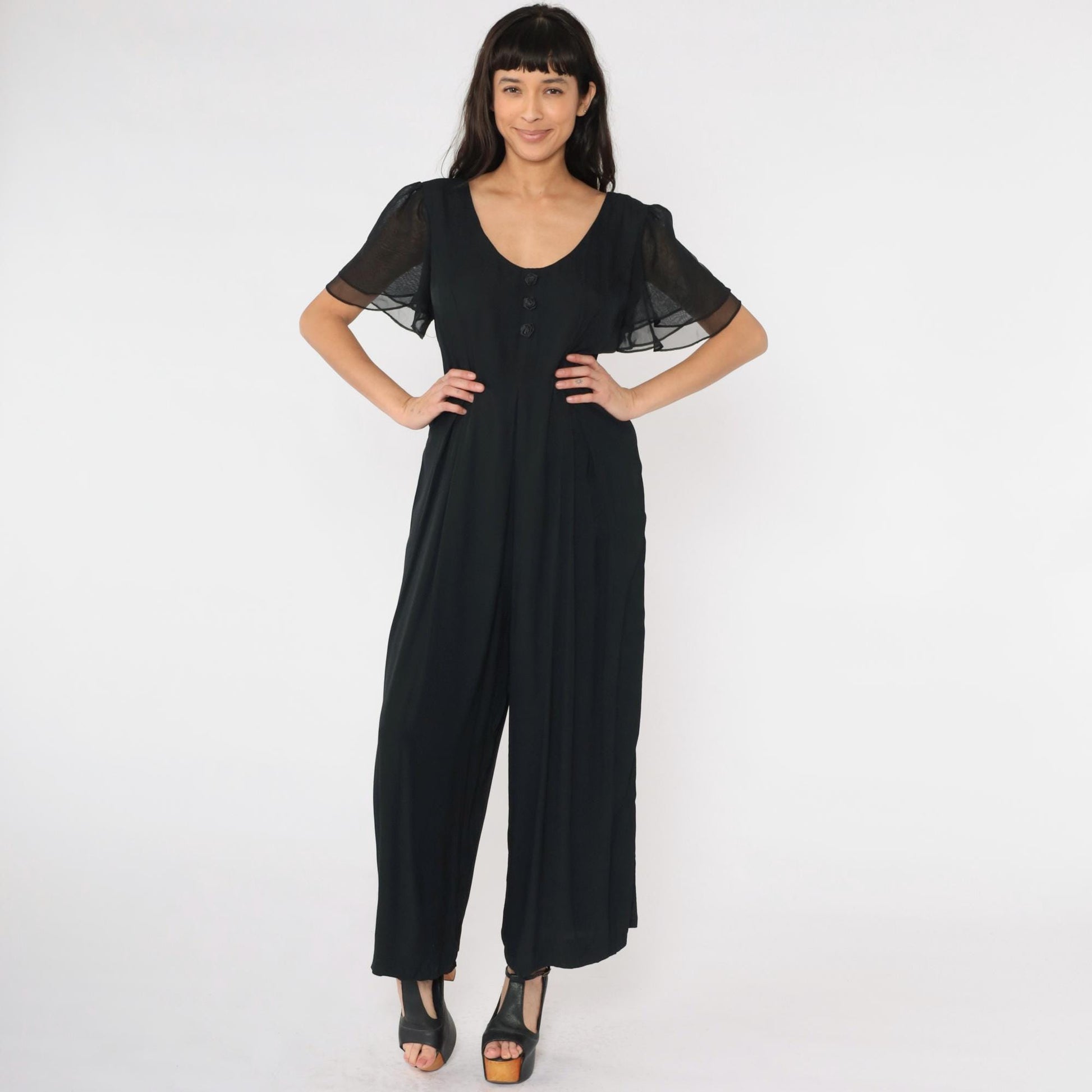 90s Black Wide Leg Jumpsuit Chiffon Flutter Sleeve Scoop Neck Medium M