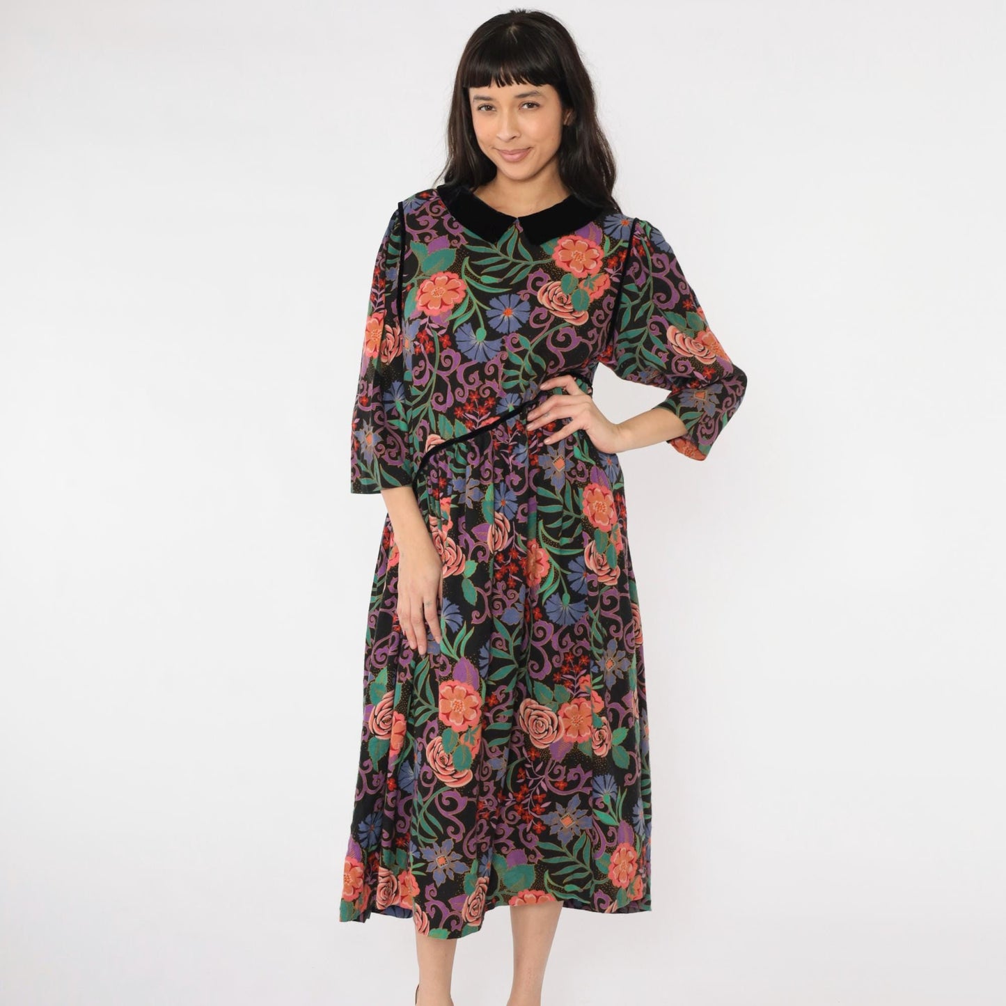 80s Floral Midi Dress Black Multicolor Peter Pan Collar Velvet Asymmetrical Large