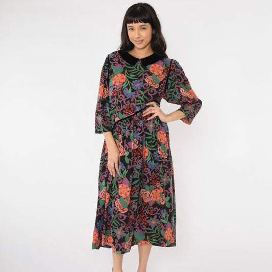 80s Floral Midi Dress Black Multicolor Peter Pan Collar Velvet Asymmetrical Large