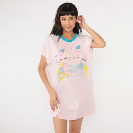 80s Teddy Bear Pajama Dress Wake Me When It's Over Ringer Nightgown Pink Small