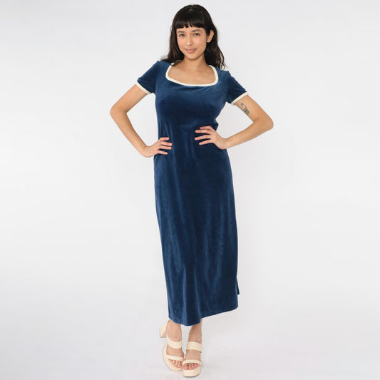 70s Navy Velour Maxi Lounge Dress Cream Trim Scoop Neck Medium M