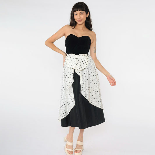 80s Yessica Strapless Velvet Polka Dot Midi Dress Sweetheart Neckline Black White Bow Extra Small