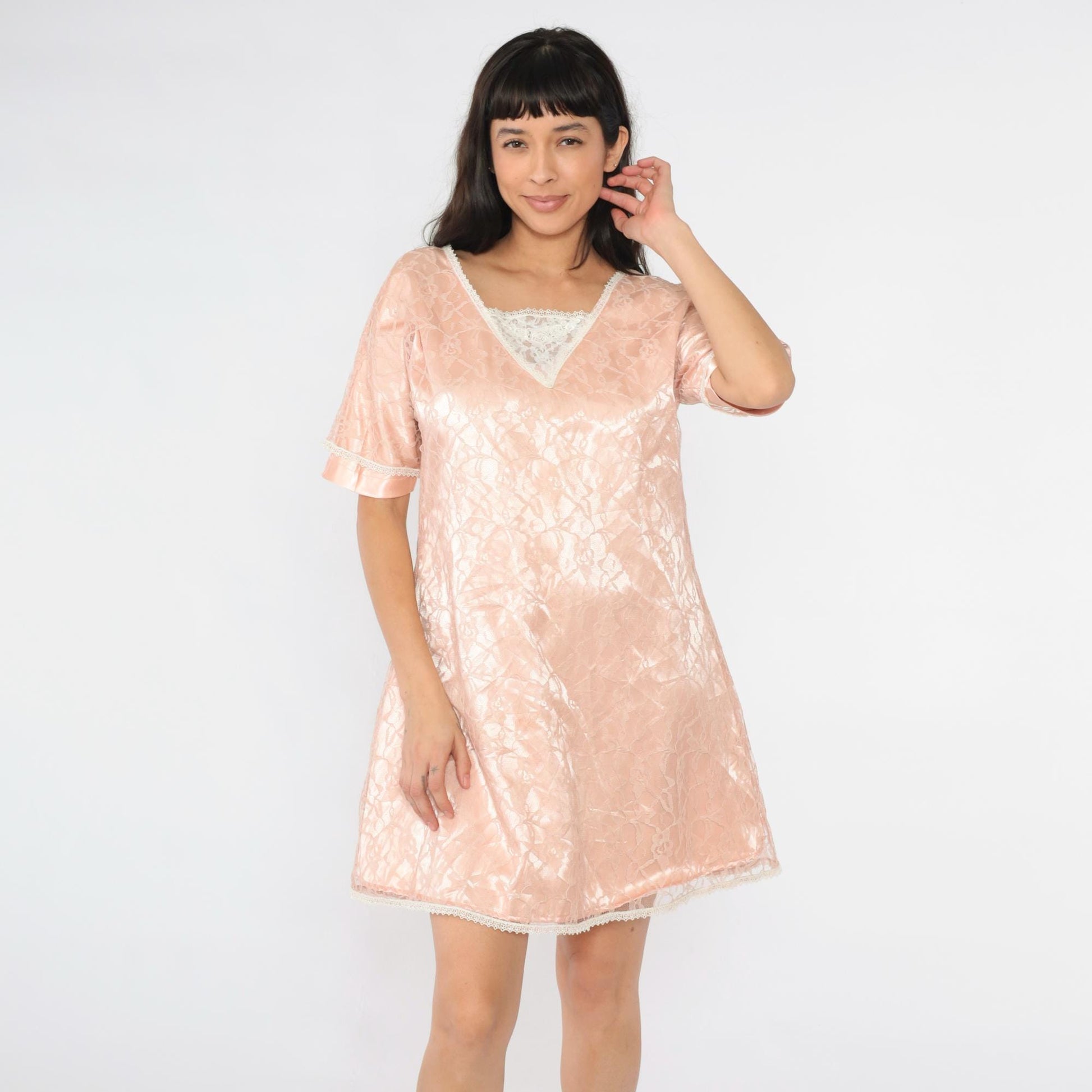 80s Pink Satin Lace Mini Dress Floral Overlay Short Sleeve Medium M