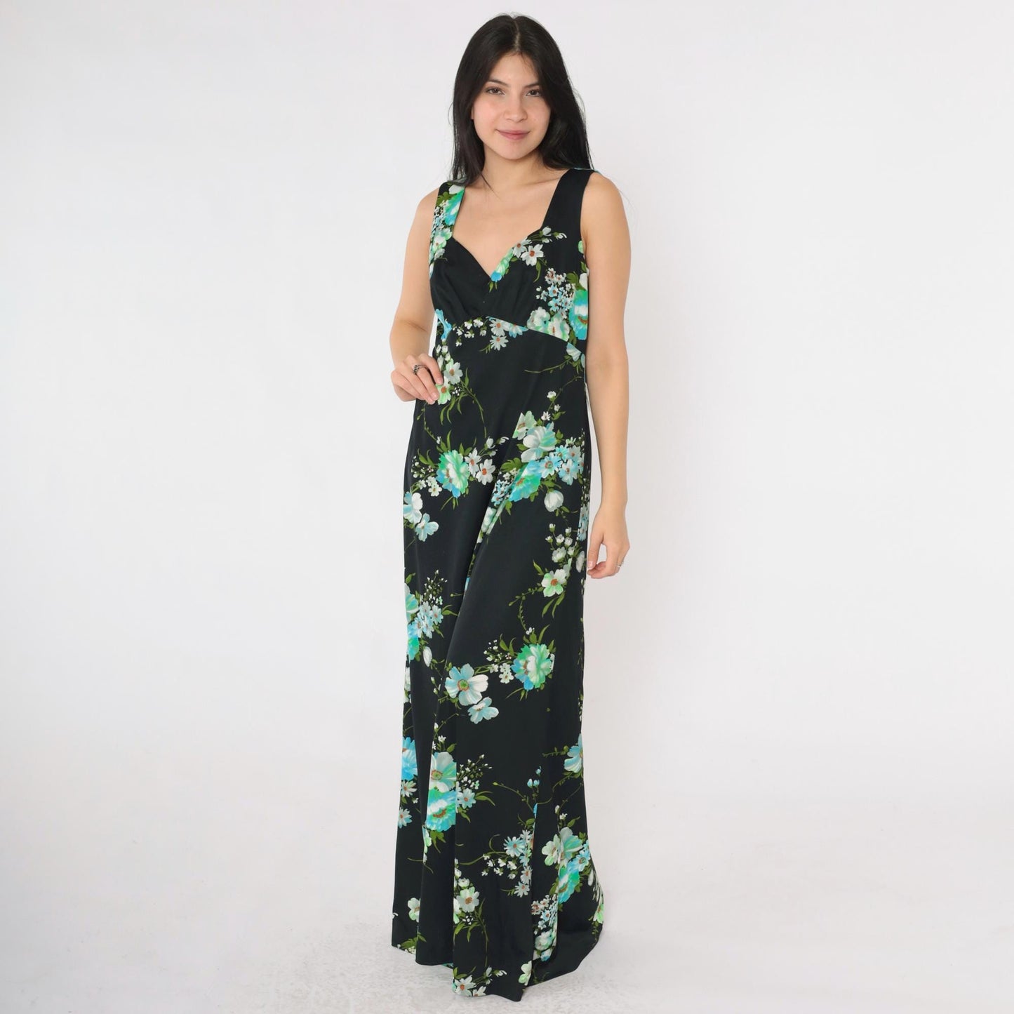 70s Black Floral Maxi Dress Empire Waist Sleeveless Sweetheart Neckline Medium