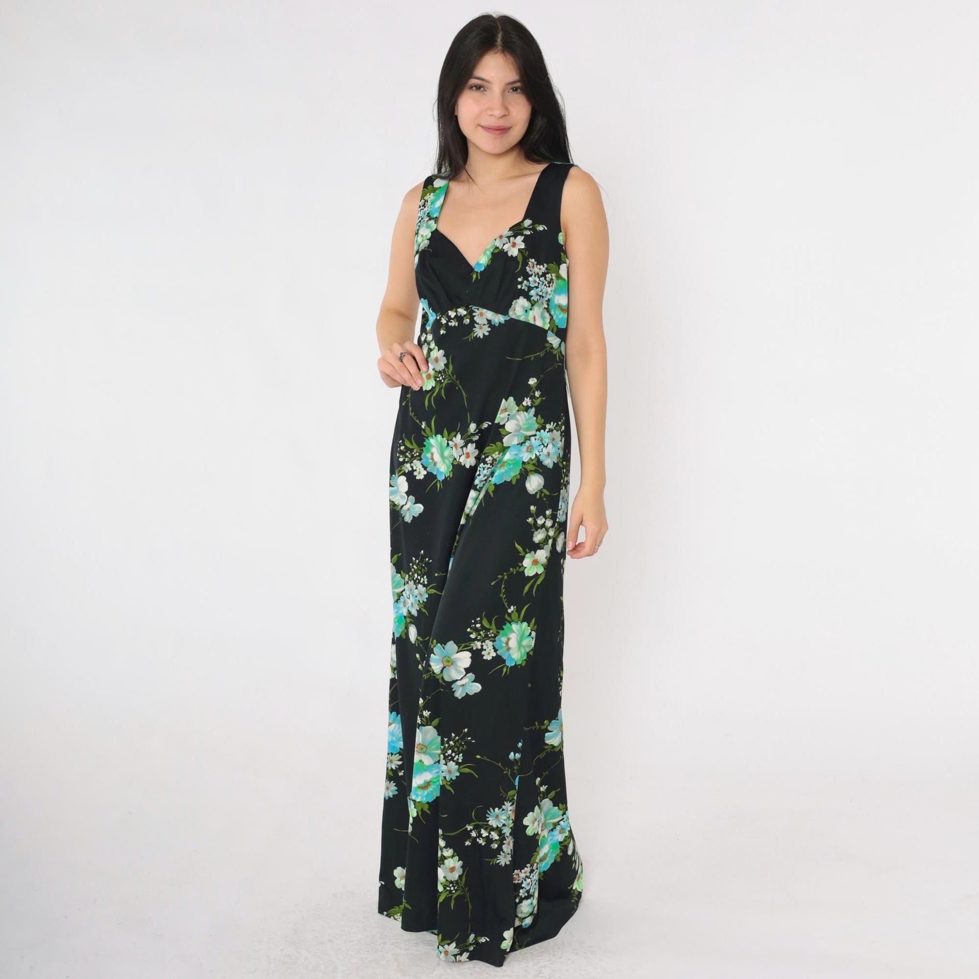 70s Black Floral Maxi Dress Empire Waist Sleeveless Sweetheart Neckline Medium