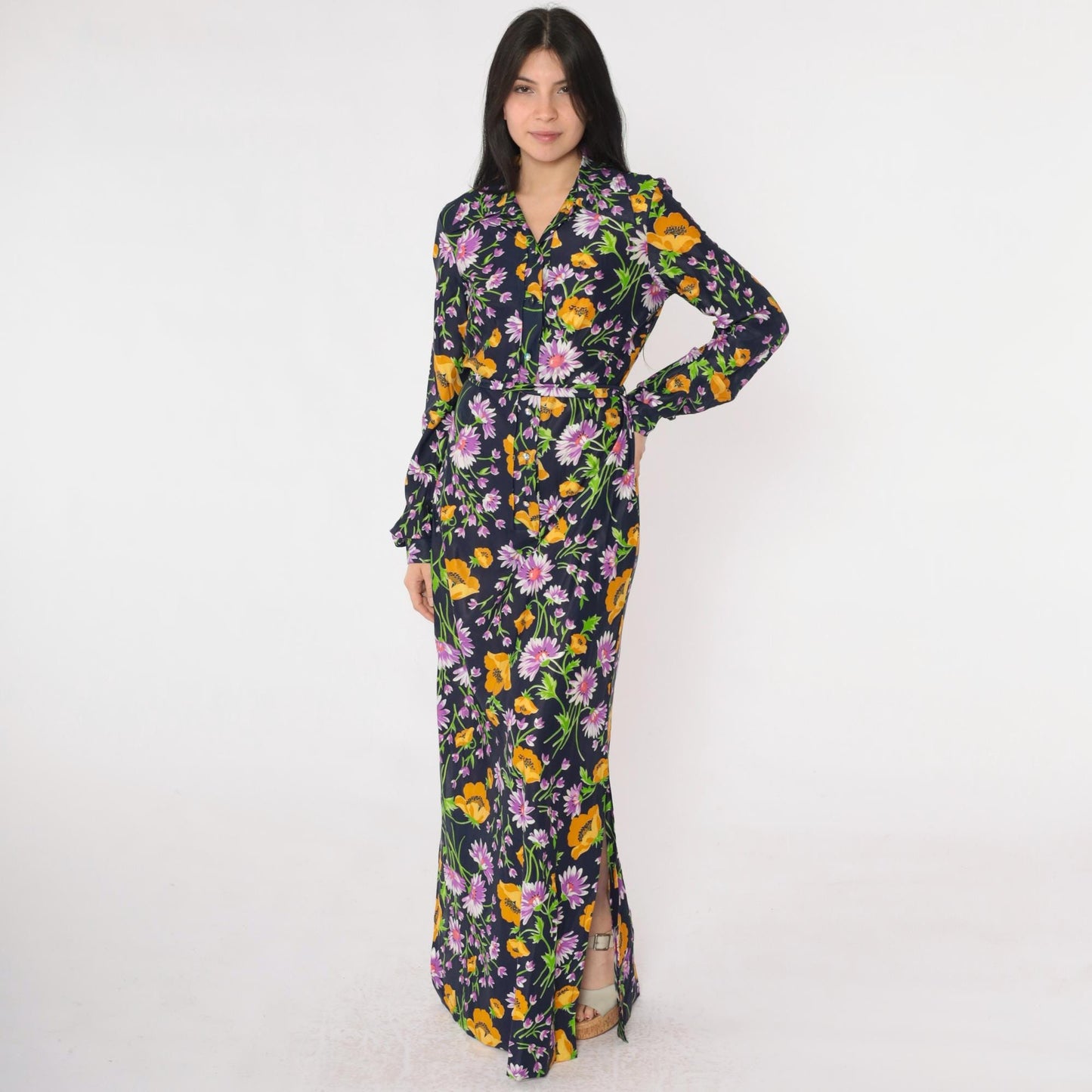 70s Lane Bryant Navy Floral Maxi Shirt Dress Dagger Collar Belt Small