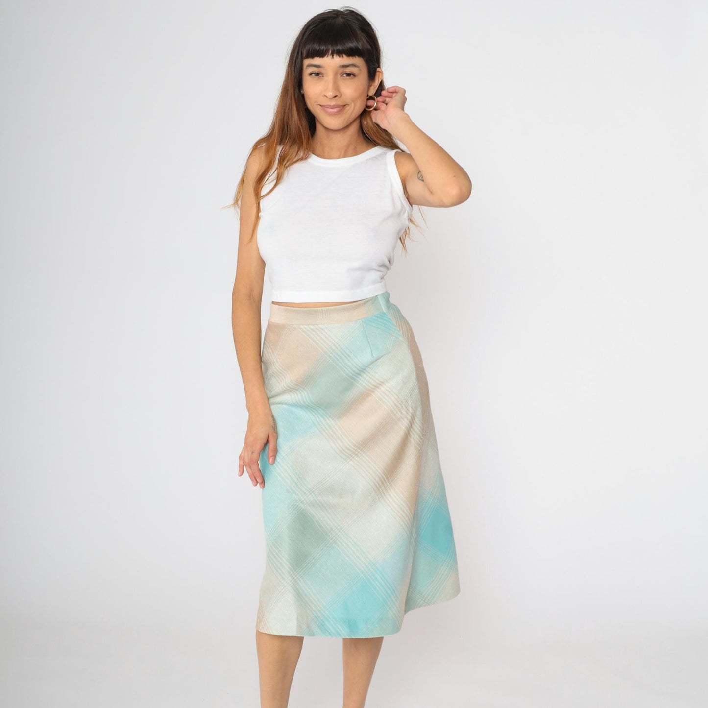 70s Plaid Midi Skirt High Waisted Turquoise Tan Peach Tartan Small XS