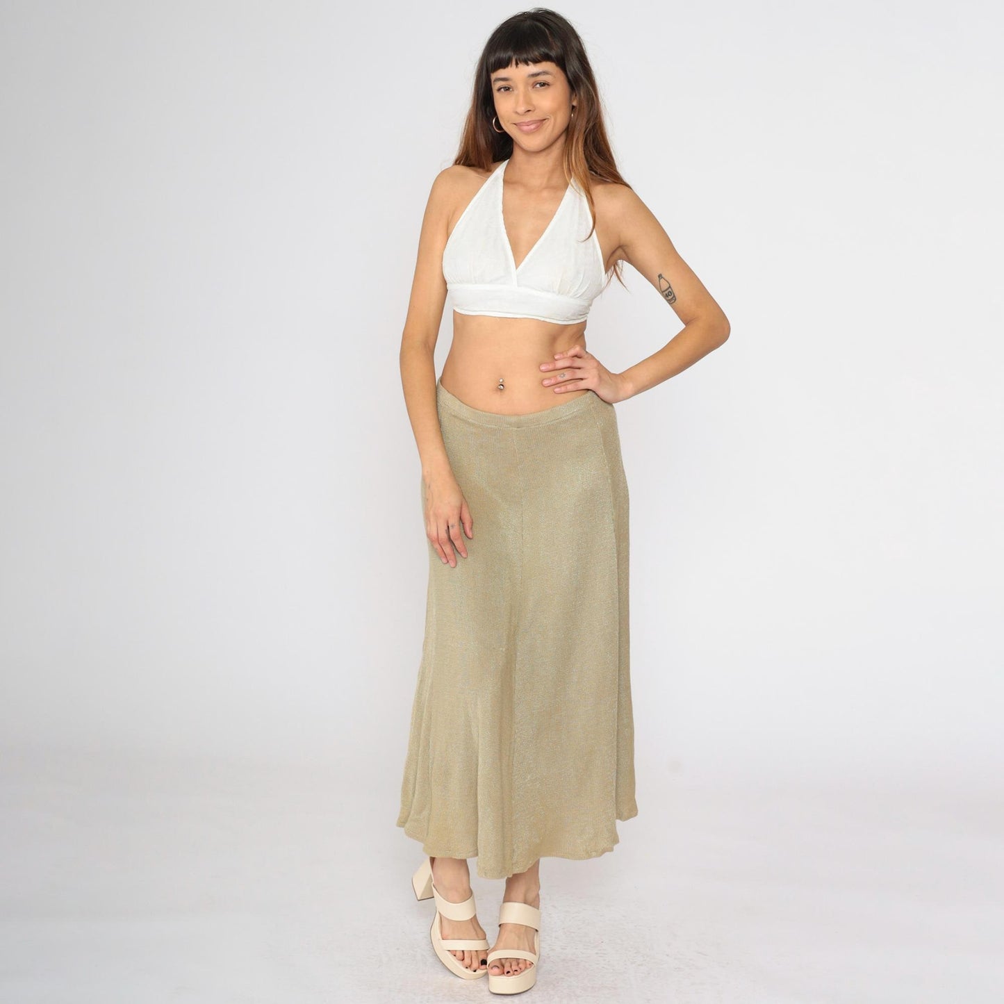 80s Tan Knit Midi Skirt High Waist Elastic Flared Small